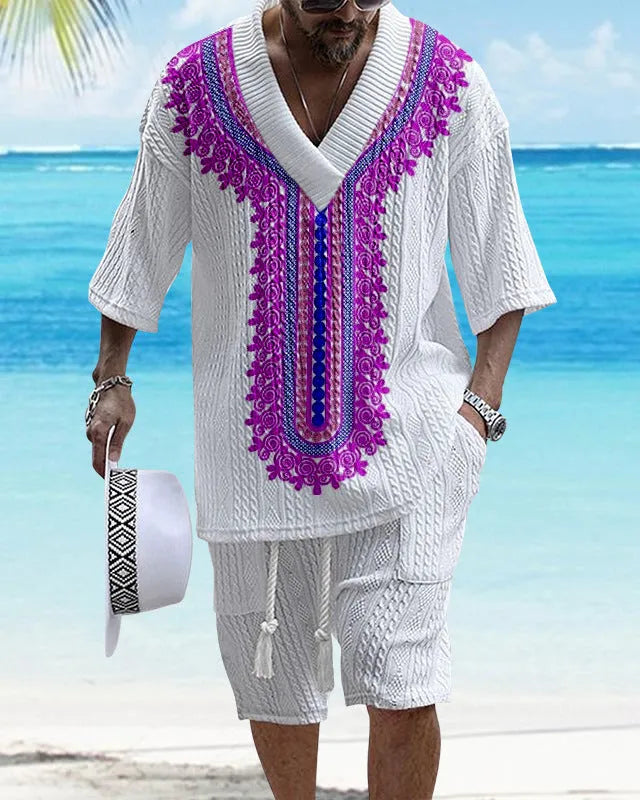 Men's printed drop-shoulder knitted shorts suit with short sleeve top and matching lounge shorts