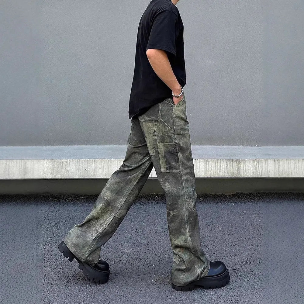 Men's straight leg jeans with a digital camouflage pattern in a retro style, shown in mid waist fit.