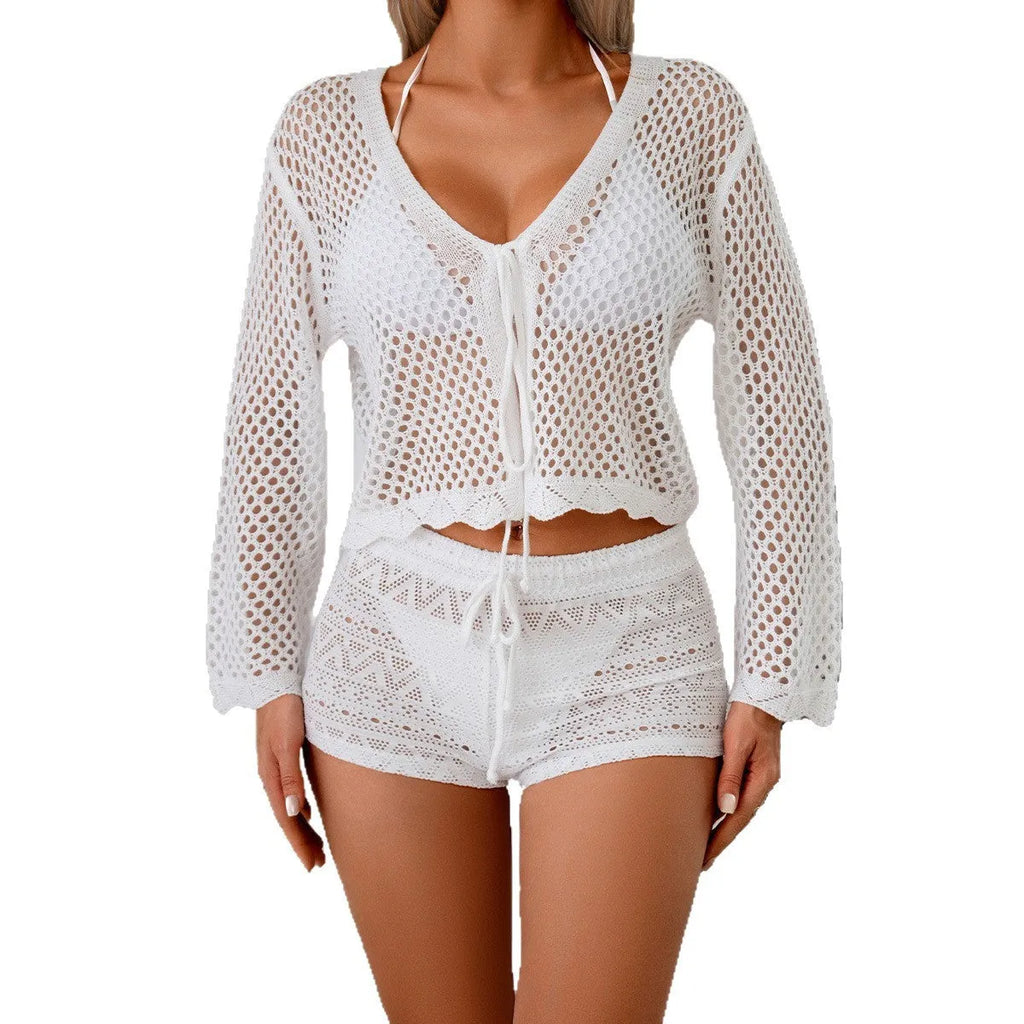 Women's apricot hollow woven cardigan blouse with bell sleeves and short length