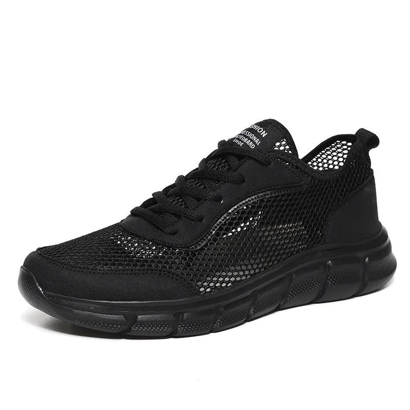 Men's breathable hollow mesh sports shoes in black, blue, and grey, sizes 37 to 48