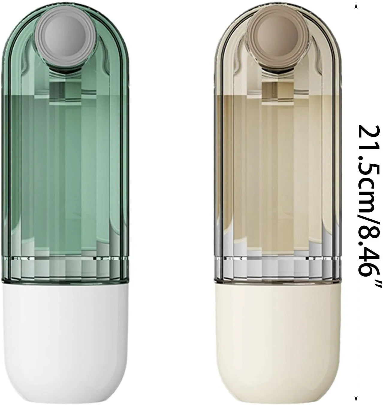 Beige foldable dog water bottle with food dispenser showing collapsible design and drinking tray