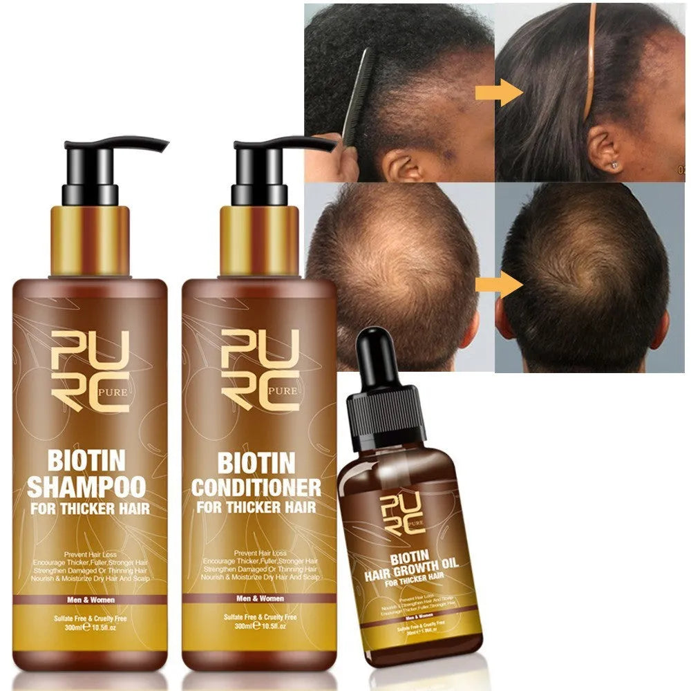 PURC Hair Care Ginger Biotin three-piece set with shampoo, conditioner and biotin essential oil on white background