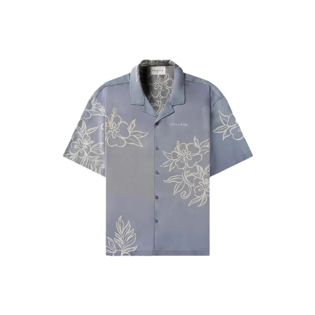 Men's floral printed loose short sleeve top in light colours with cardigan style