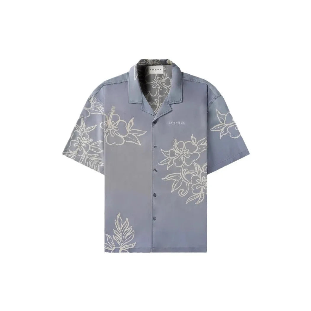 Men's floral printed loose short sleeve top in light colours with cardigan style