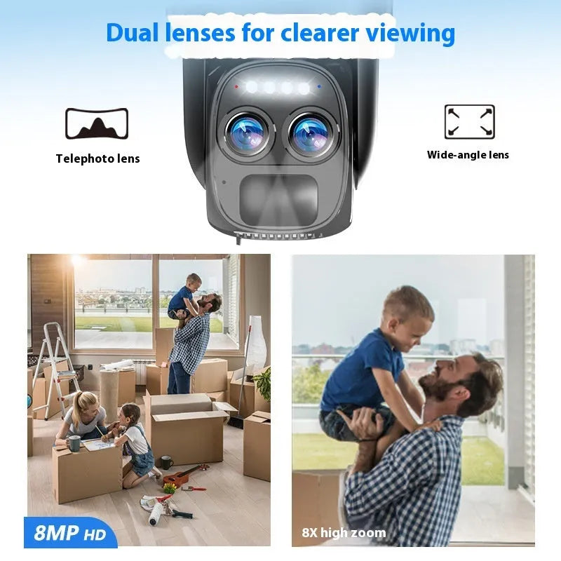 Solar powered surveillance camera with 8x zoom lens mounted on wall bracket