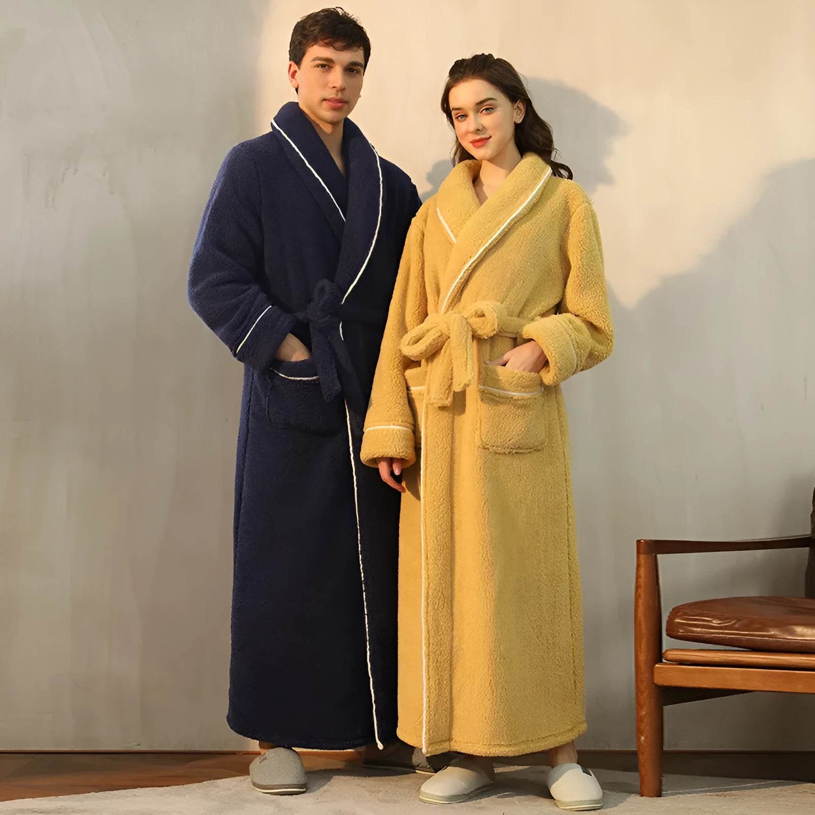 Thick flannel couple's bathrobe in winter colours like navy blue and silver gray, shown in plus sizes.