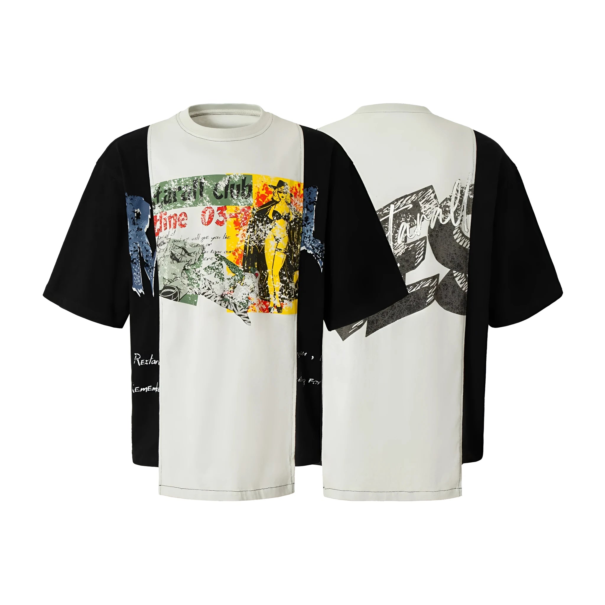 Broken collage deconstruction print T-shirt with black and white stitching, loose fit short sleeve