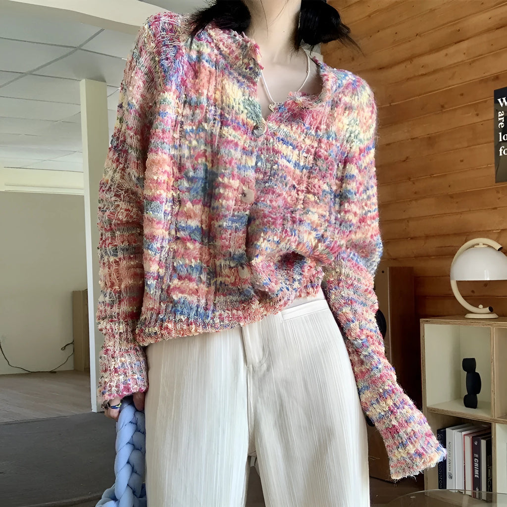 Retro rainbow pattern knitted cardigan sweater in acrylic with pink and green colour options