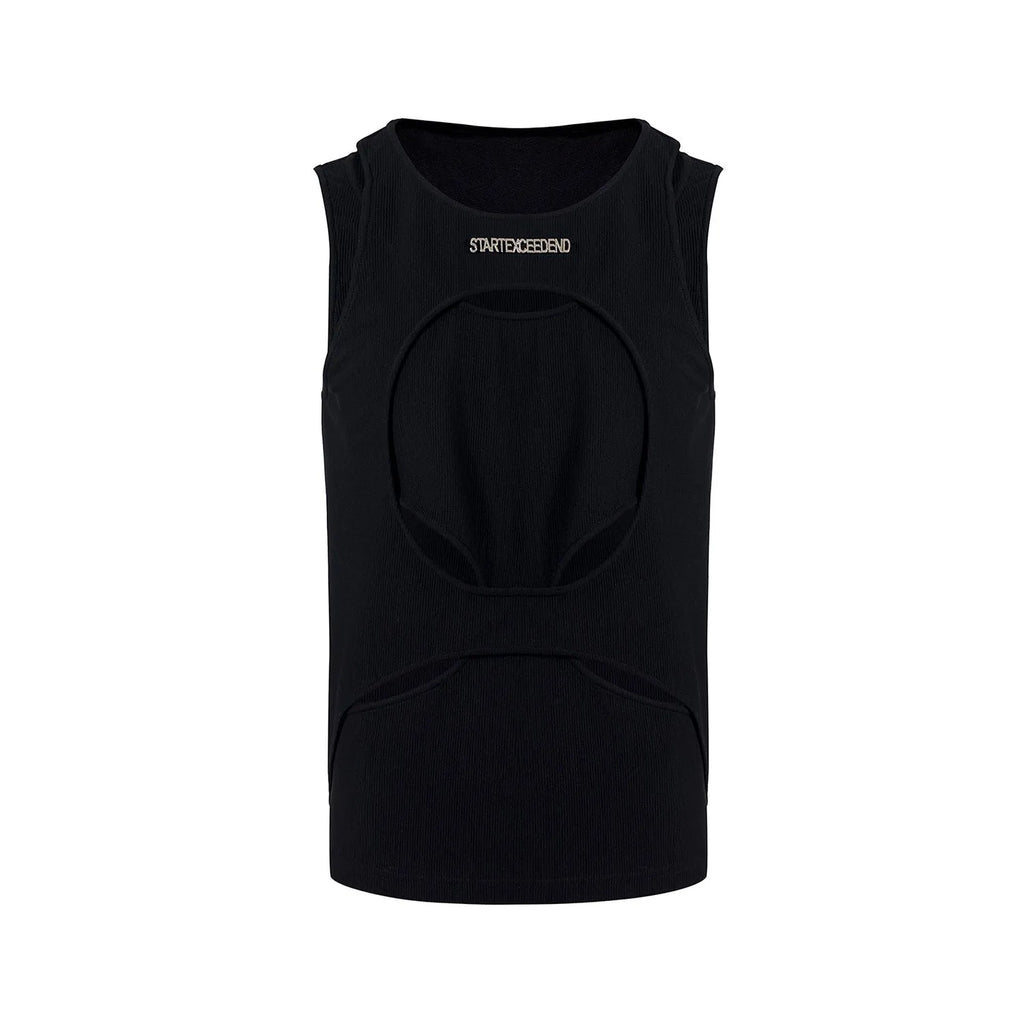 Men's loose-fit sleeveless vest in white shown on a hanger, featuring a round neck and pullover style.