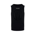 Men's loose-fit sleeveless vest in white shown on a hanger, featuring a round neck and pullover style.