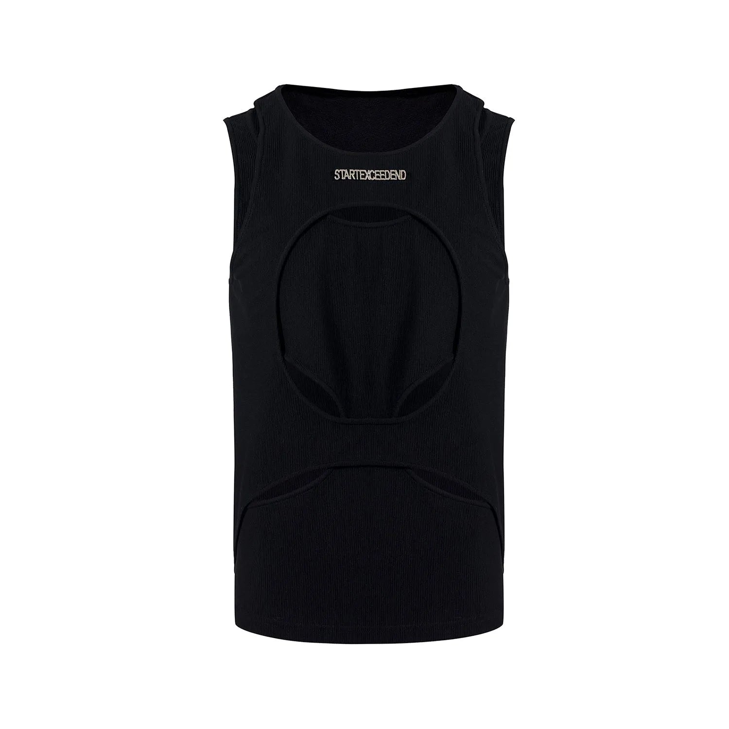 Men's loose-fit sleeveless vest in white shown on a hanger, featuring a round neck and pullover style.