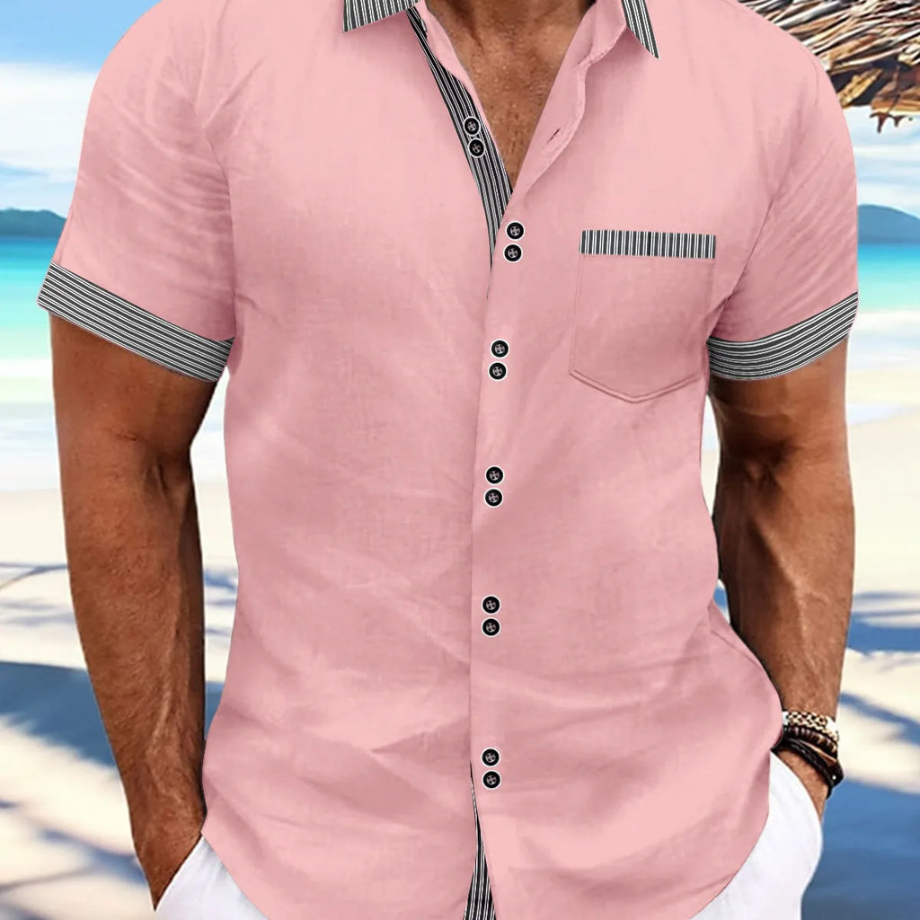 Men's slim fit striped short sleeve casual shirt in pure cotton on a hanger.