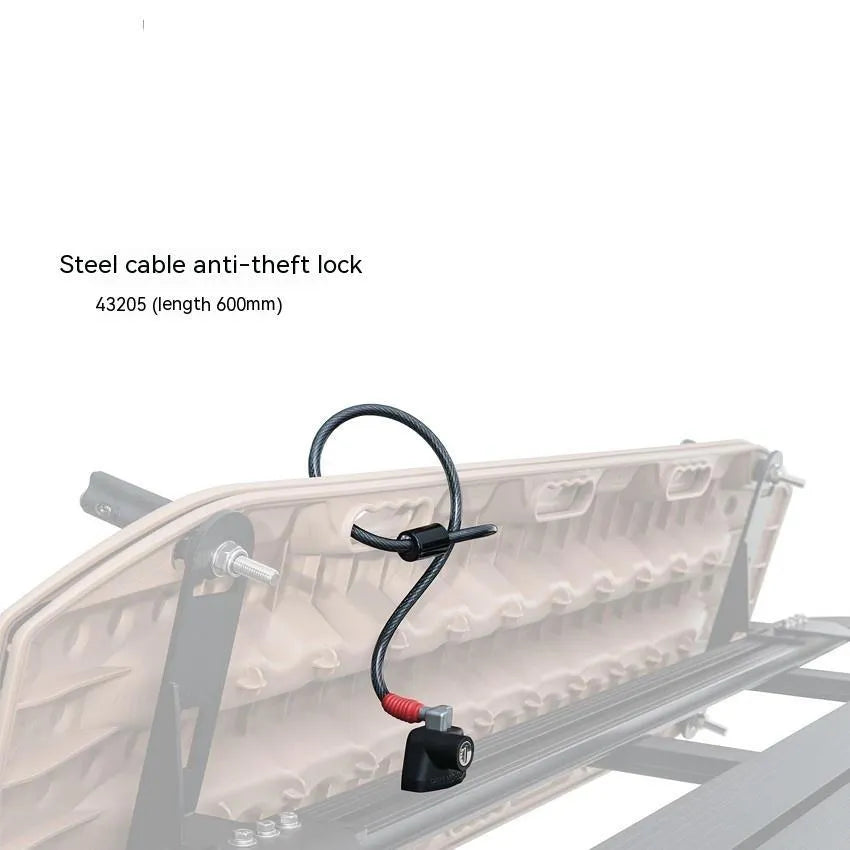 Plastic-sheathed steel cable fixed lock for securing equipment on a vehicle roof platform.