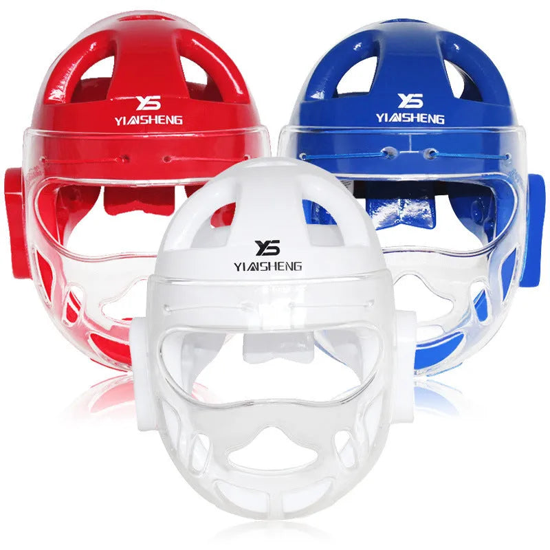 Karate helmet protective equipment for boxing sports in white, blue or red colours