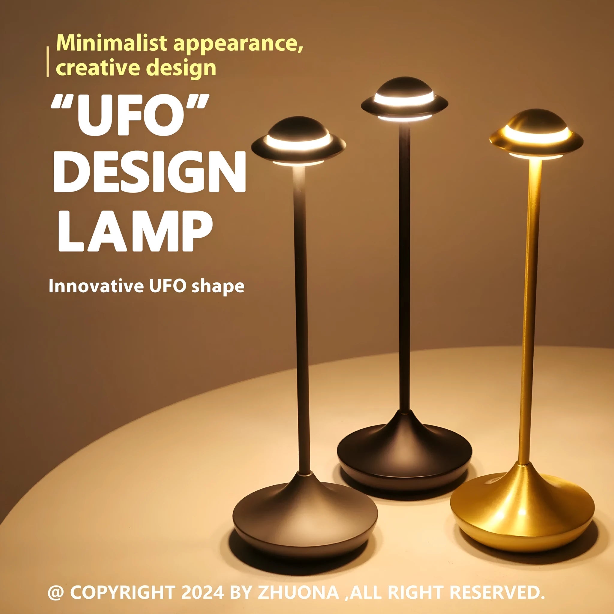 Modern black UFO-shaped rechargeable table lamp with touch-sensitive dimming controls on a wooden desk.