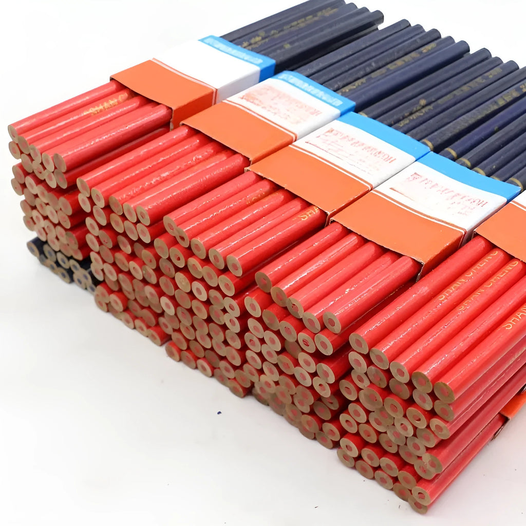 Red and blue two-colour round carpenter's pencil with wooden body, 10 pieces pack