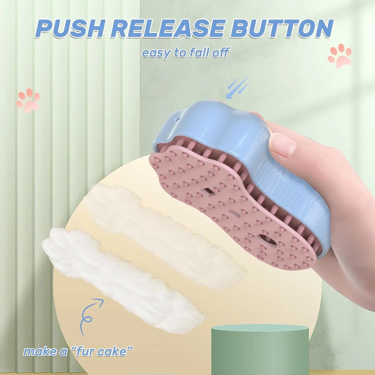 Blue self-cleaning silicone cat steam brush with release button for pet grooming