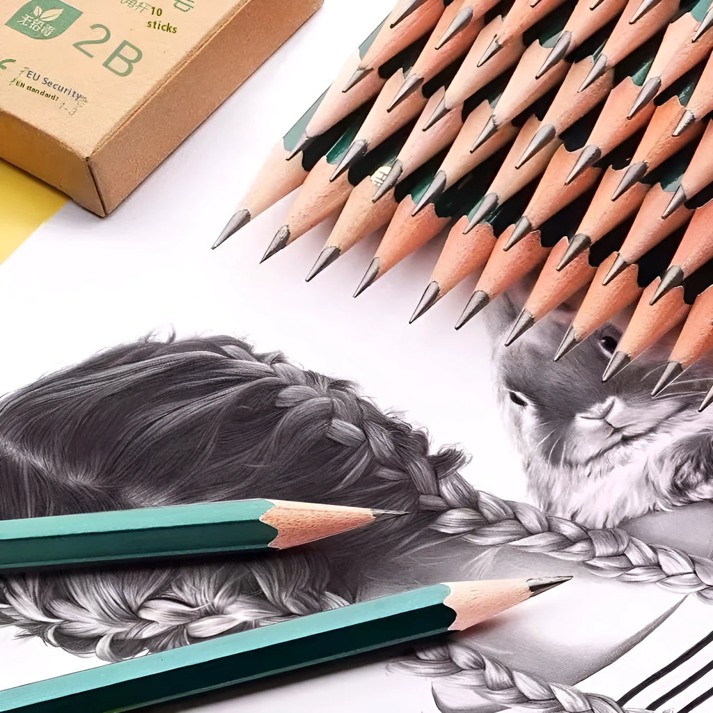 Box of 10 green rod sketching pencils with HB and 2B grades showing six-angle wooden barrels.