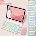 iPad protective case with luminous Bluetooth keyboard and leather sheath, black variant, rear view showing TPU shell and bracket