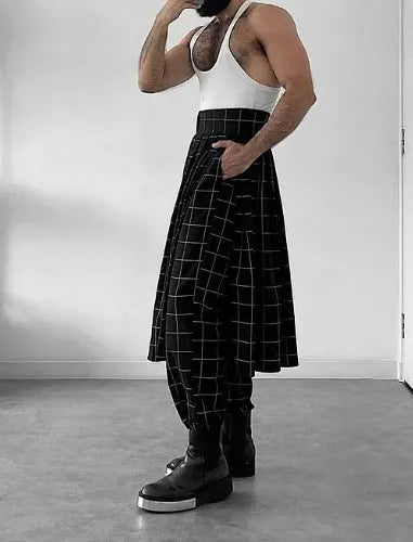 Men's plaid pants with detachable front apron in plaid pattern, elastic waistband, size S to 2XL