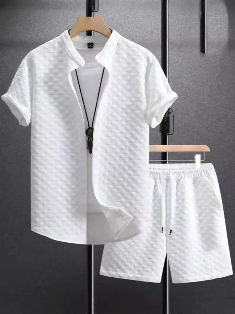 Men's jacquard short sleeve shirt and matching shorts suit set in beige, black, grey, or white
