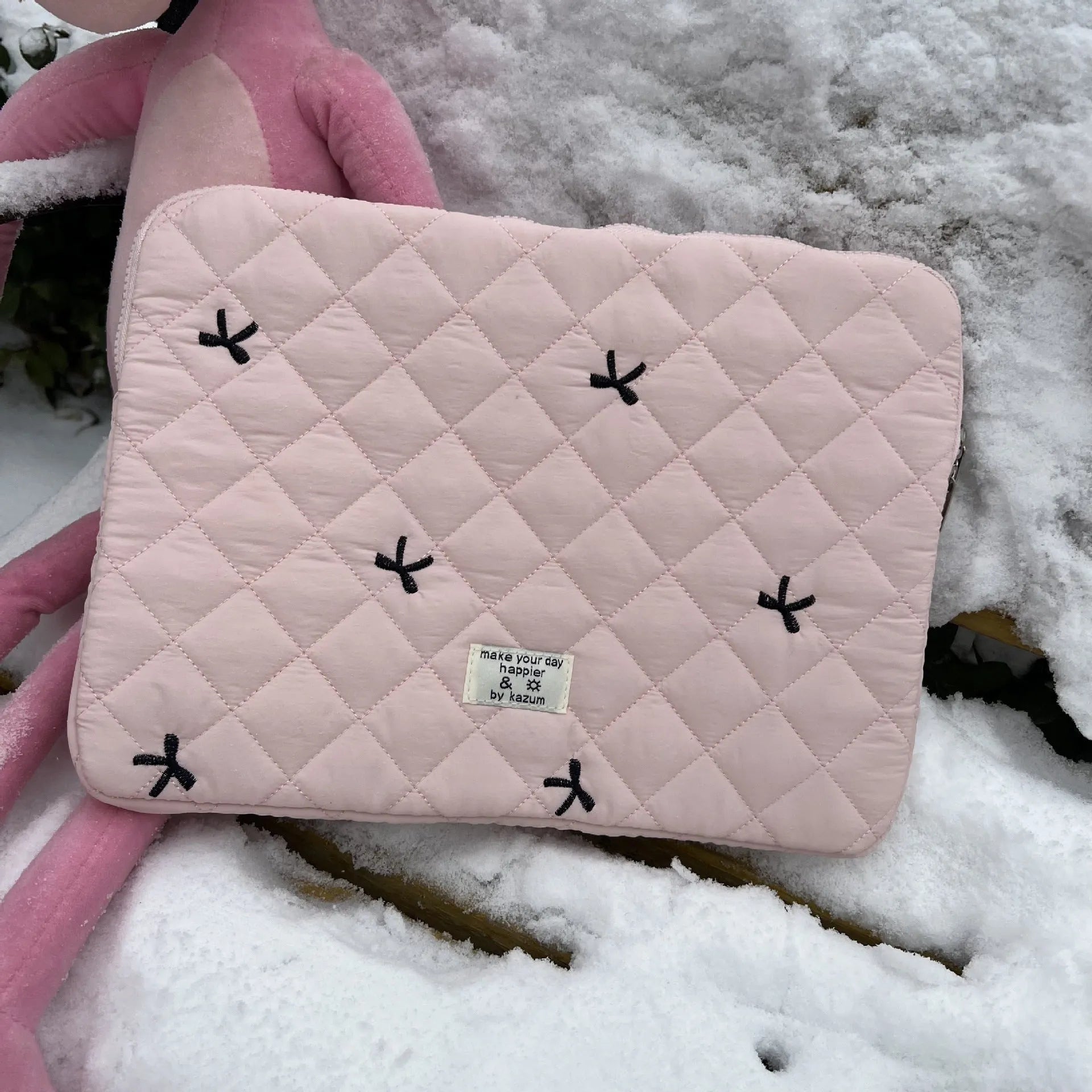 Cute rhombus embroidered bow notebook storage bag for laptop, nylon, light pink, fits 13-14 inch device