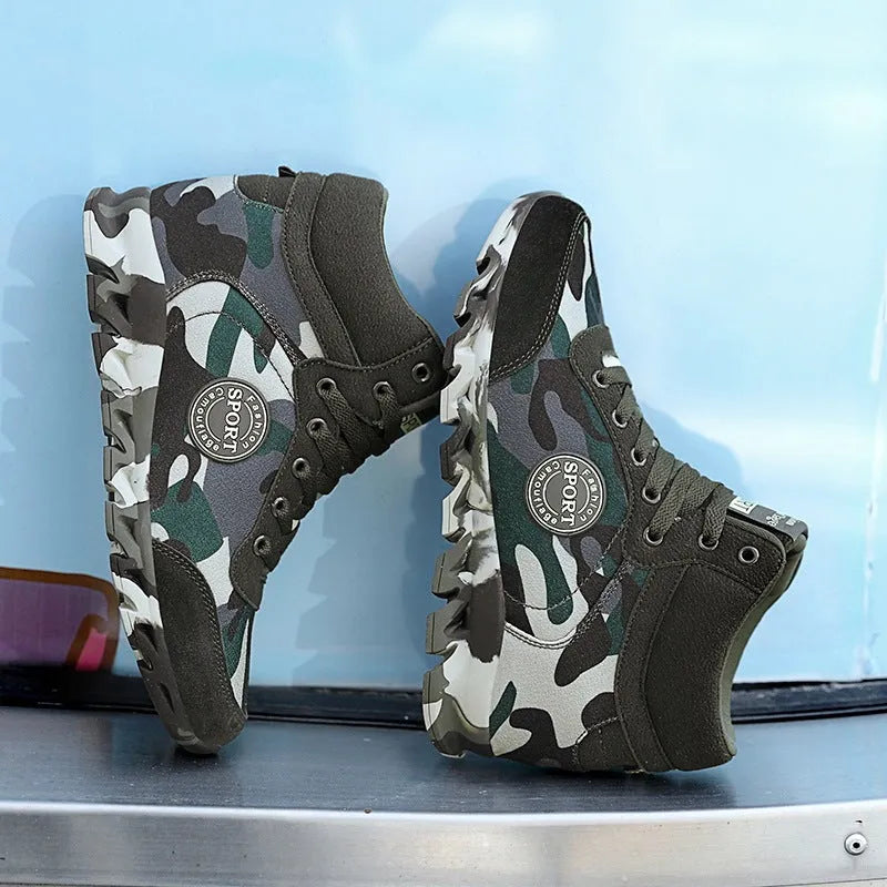 Women's green camouflage canvas sneakers with rubber soles and lace-up closure
