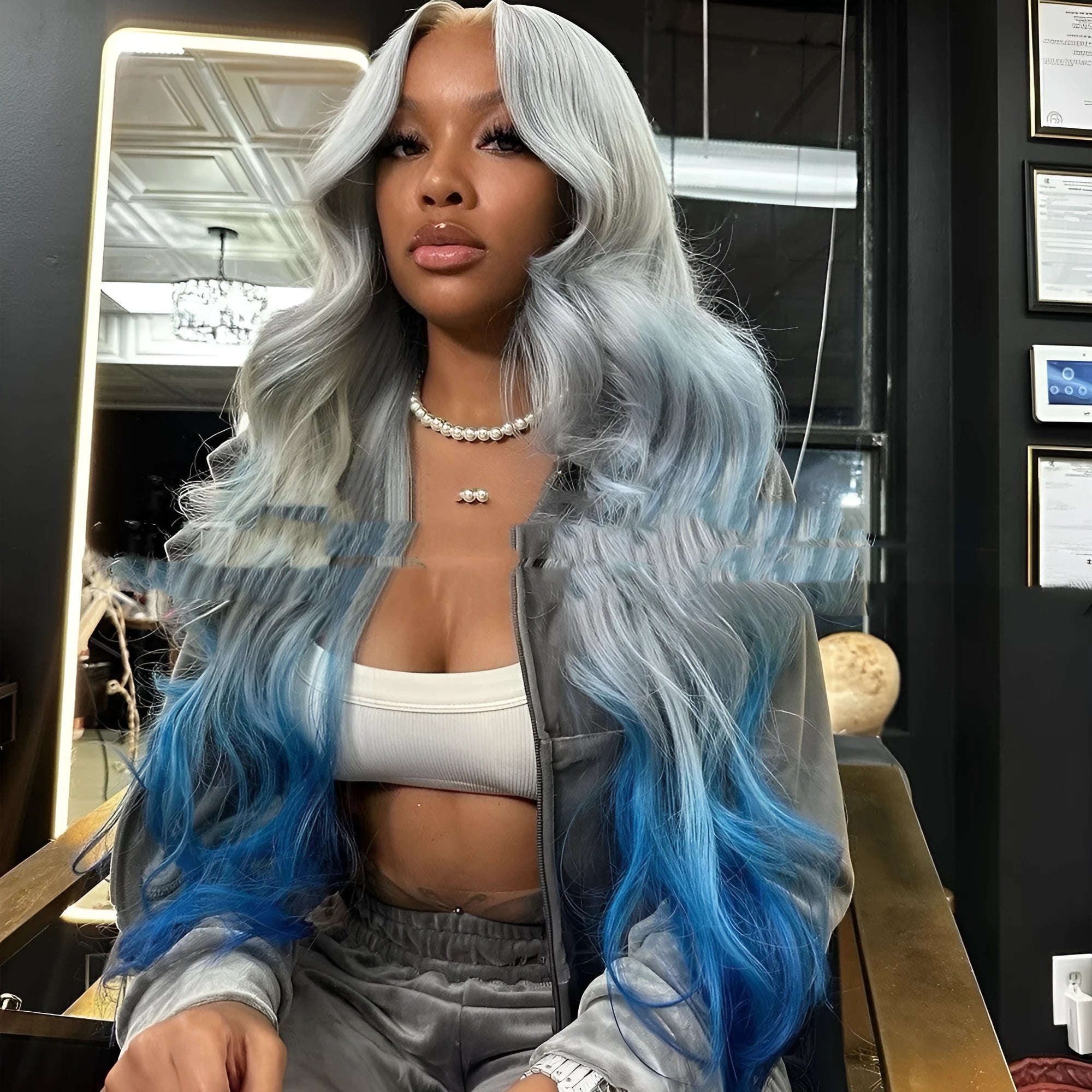 Grey blue gradient human hair lace front wig with 4x4 closure shown at 22 inch length