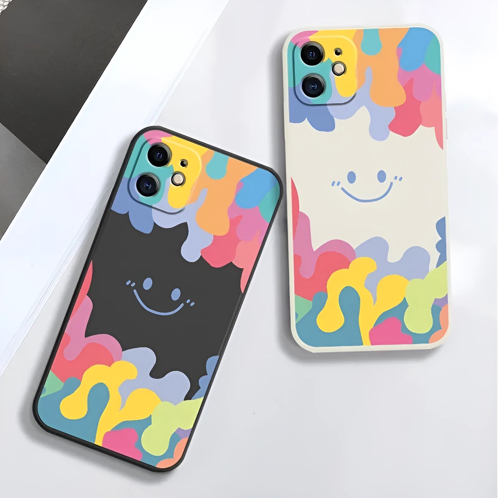 Rainbow smiley face TPU silicone phone case with lanyard for iPhone 12 13 14 series, white variant