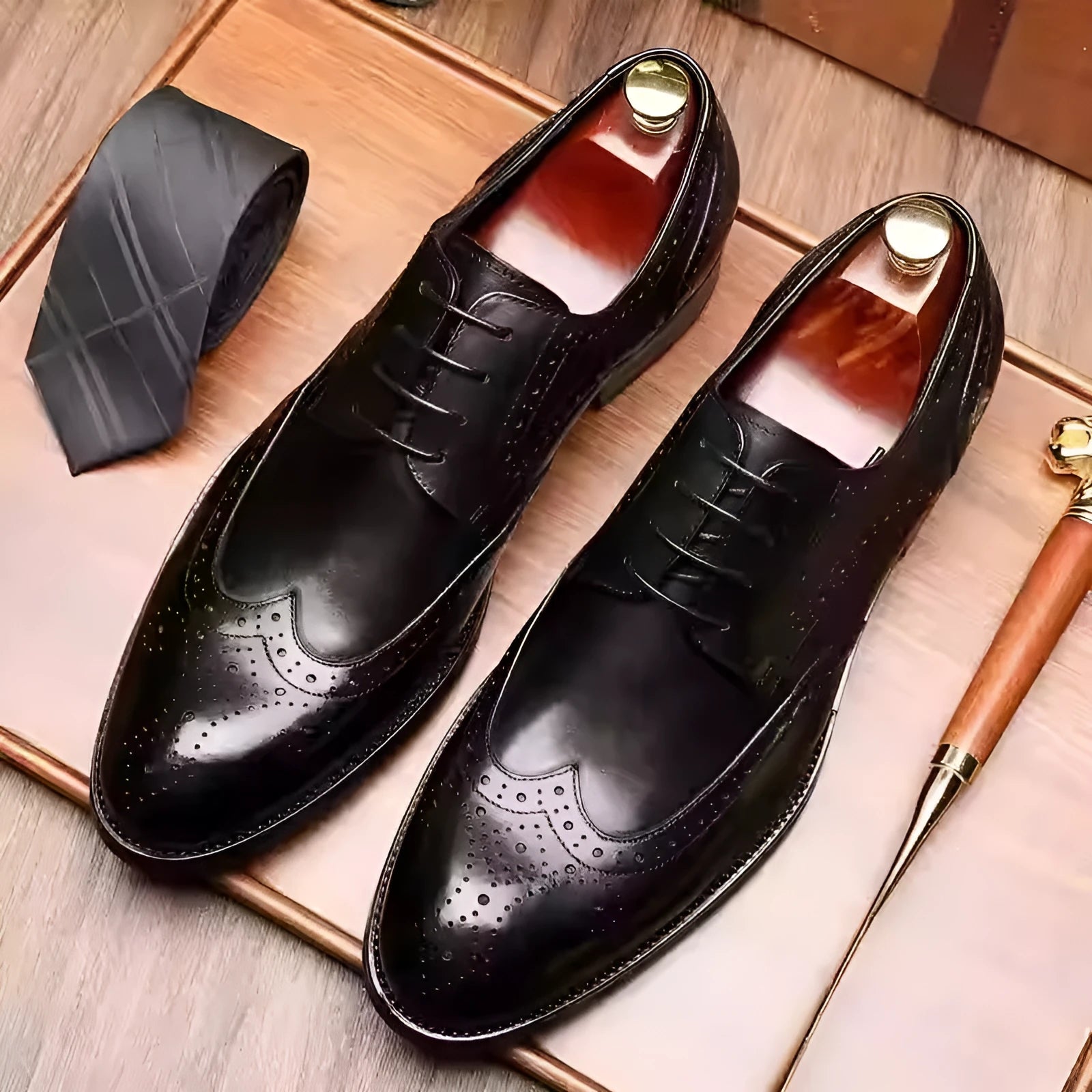 Men's burgundy pointed toe brogue shoes with carved patterns and low heel