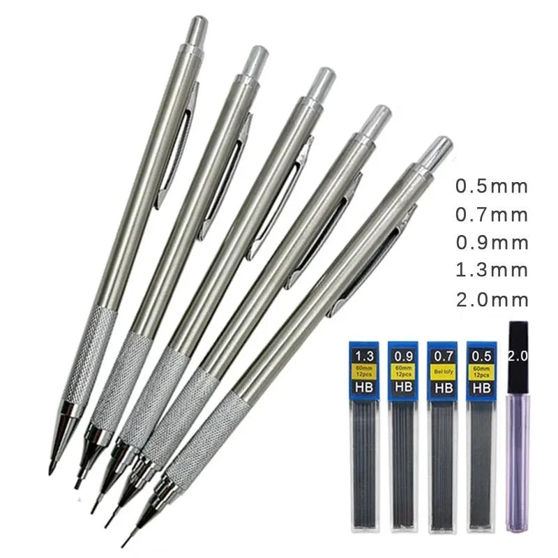 Metal automatic mechanical pencil with push-button mechanism, compatible with 0.5mm to 2.0mm lead sizes