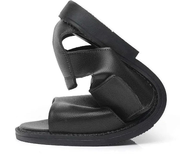 Men's black leather casual Roman sandals with an open toe and rubber sole on a neutral background.
