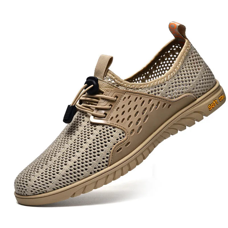 Men's breathable casual shoes in black, grey or sand with mesh upper and elastic band closure