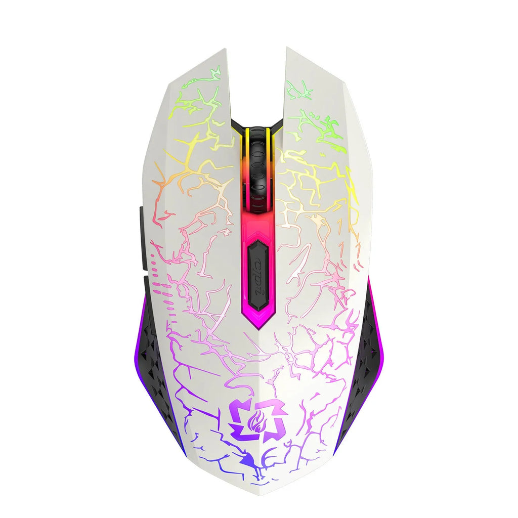 Black and white gaming mouse with luminous breathing light, showing dual-mode connectivity and self-charging design