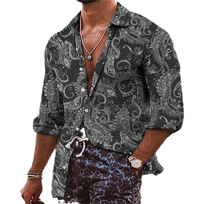 Man wearing a loose-fit long sleeve shirt with a detailed 3D floral digital print pattern.
