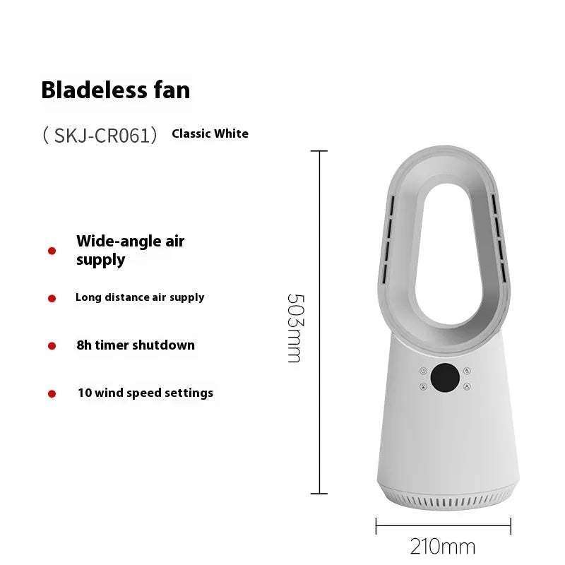 White bladeless tower floor fan with remote control on a stand.