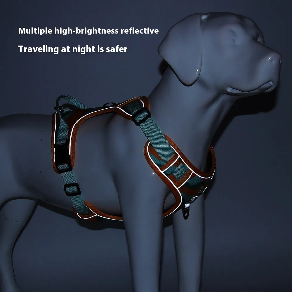 Reflective orange Oxford cloth dog lead with two black handles, shown on a dog's back and chest.