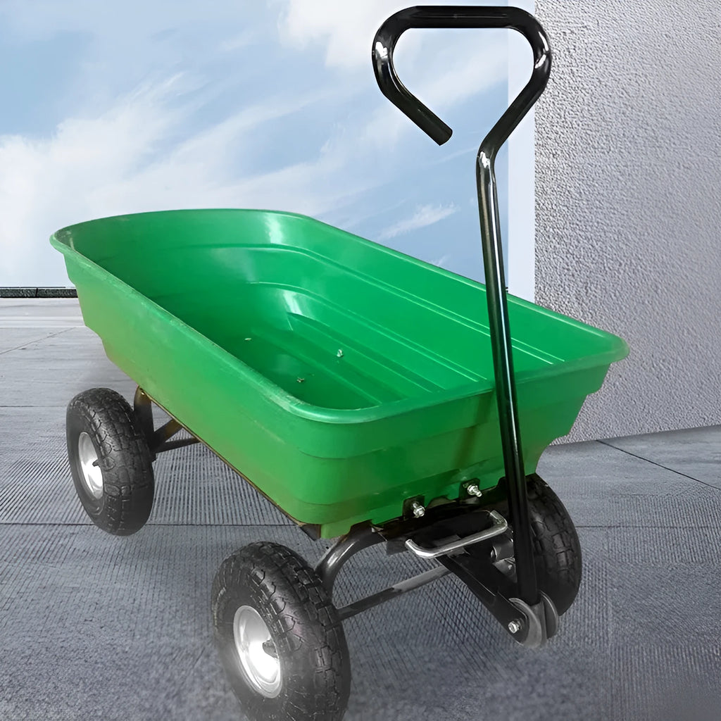 Green four-wheel dump truck with steel PP construction, 940mm long bed