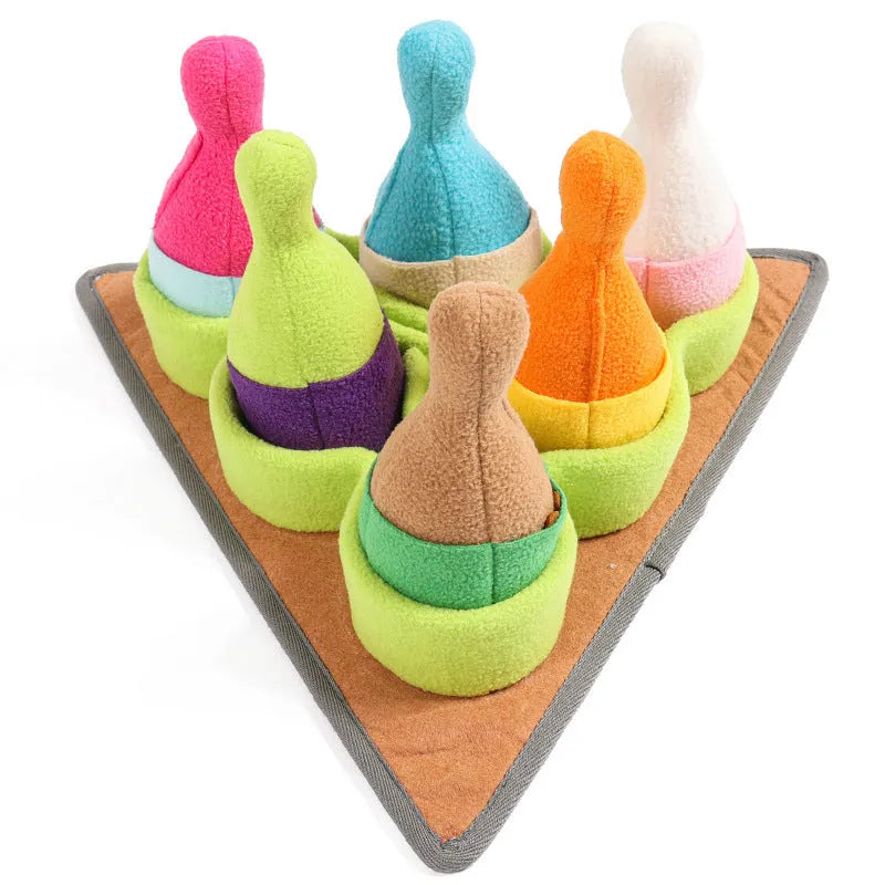 Pet puzzle play bowling toy set in polar fleece with sounding feature, 34.5x34.5cm