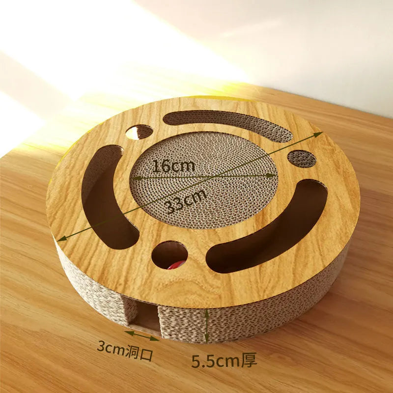 Cat scratch board with ball made of corrugated paper in a round shape