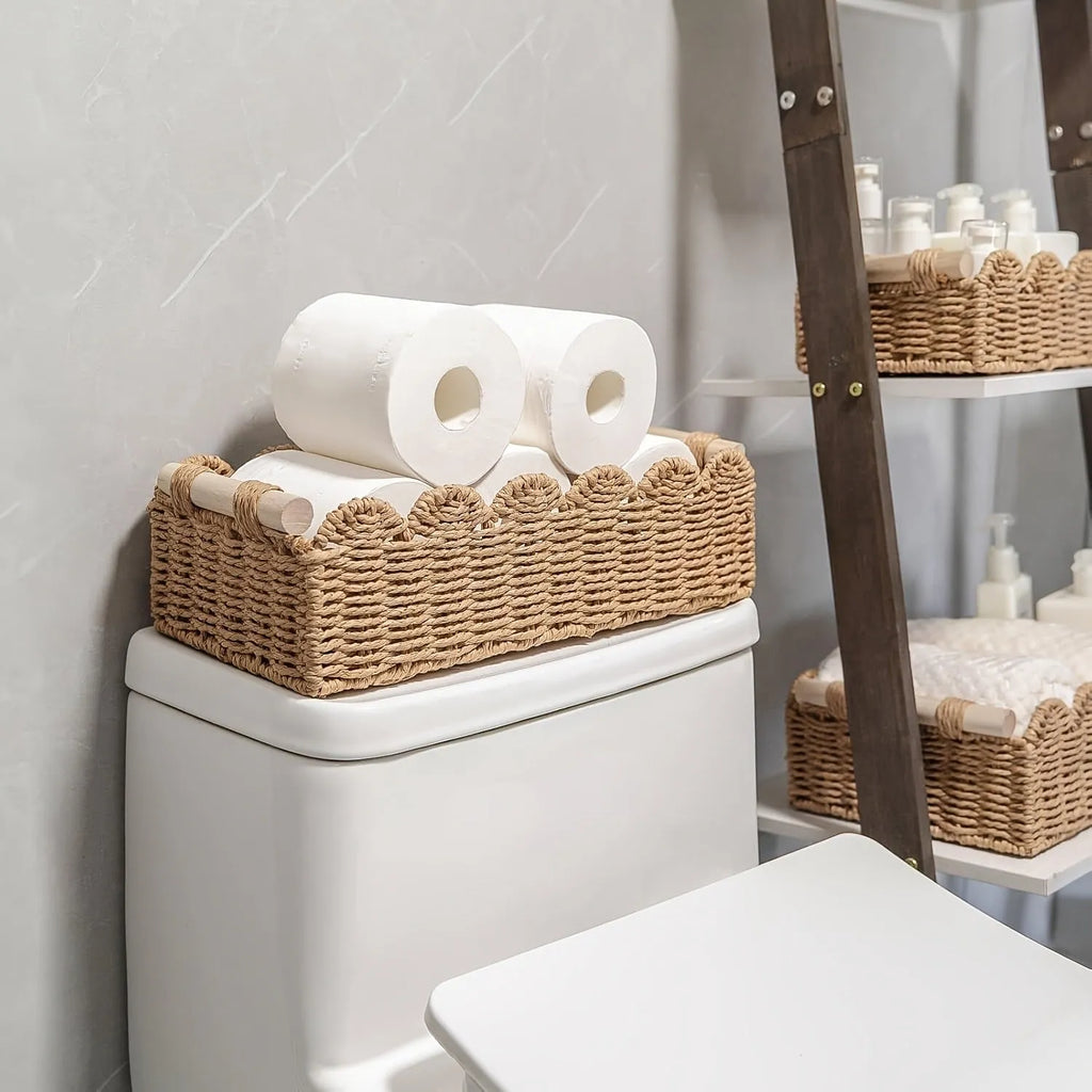 Woven paper storage basket measuring 35.5cm long for organising remote controls and stationery on desks