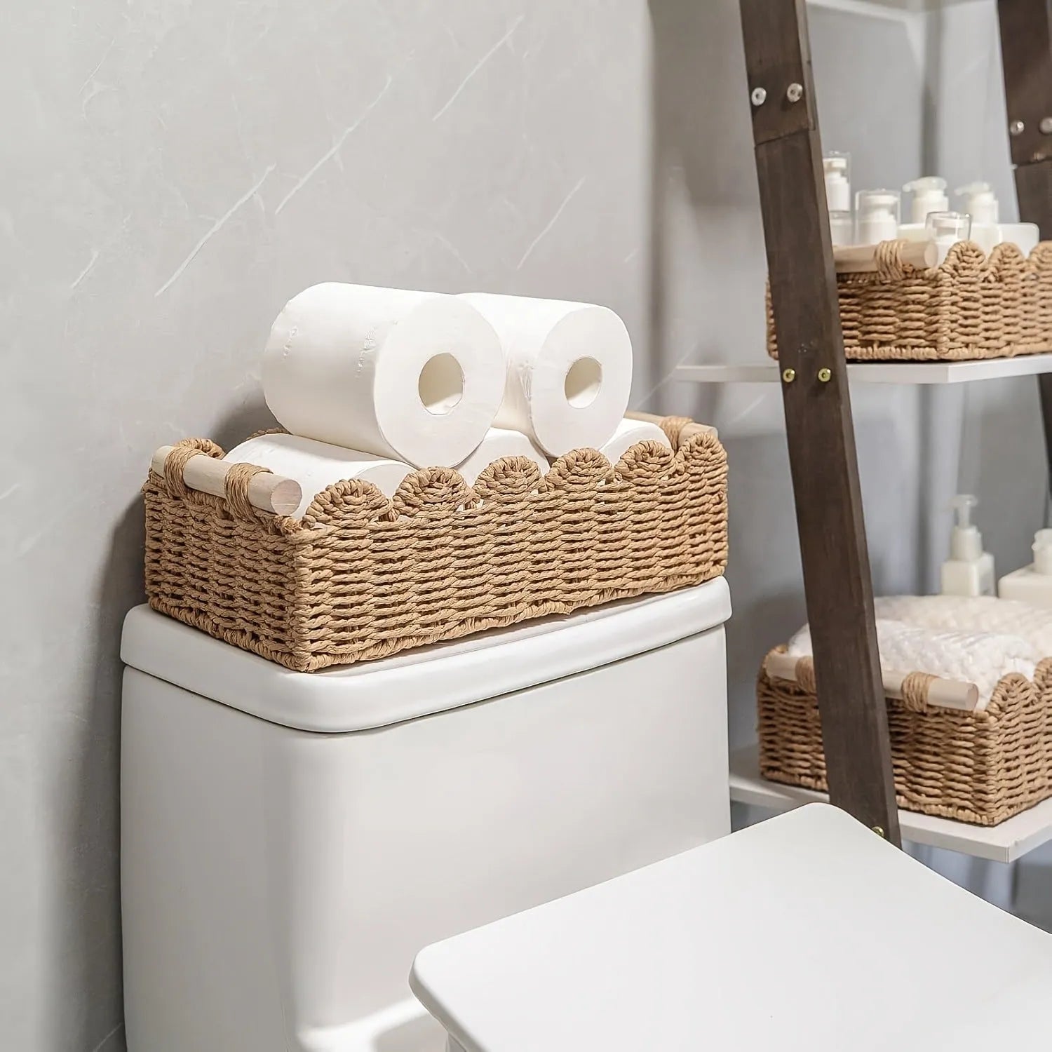 Woven paper storage basket measuring 35.5cm long for organising remote controls and stationery on desks