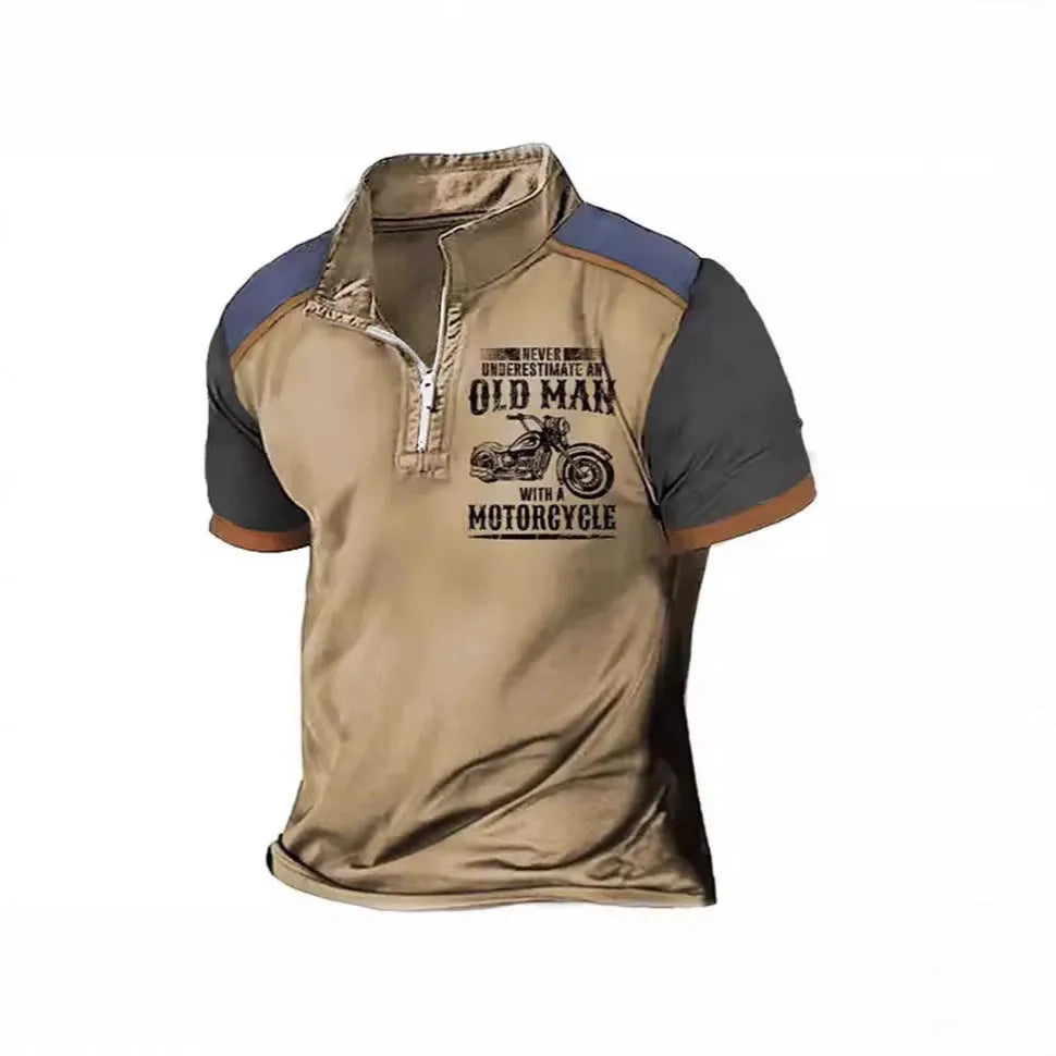 Men's grey casual polo shirt with lapel detail, zipper decoration, and digital letter printing on the front.