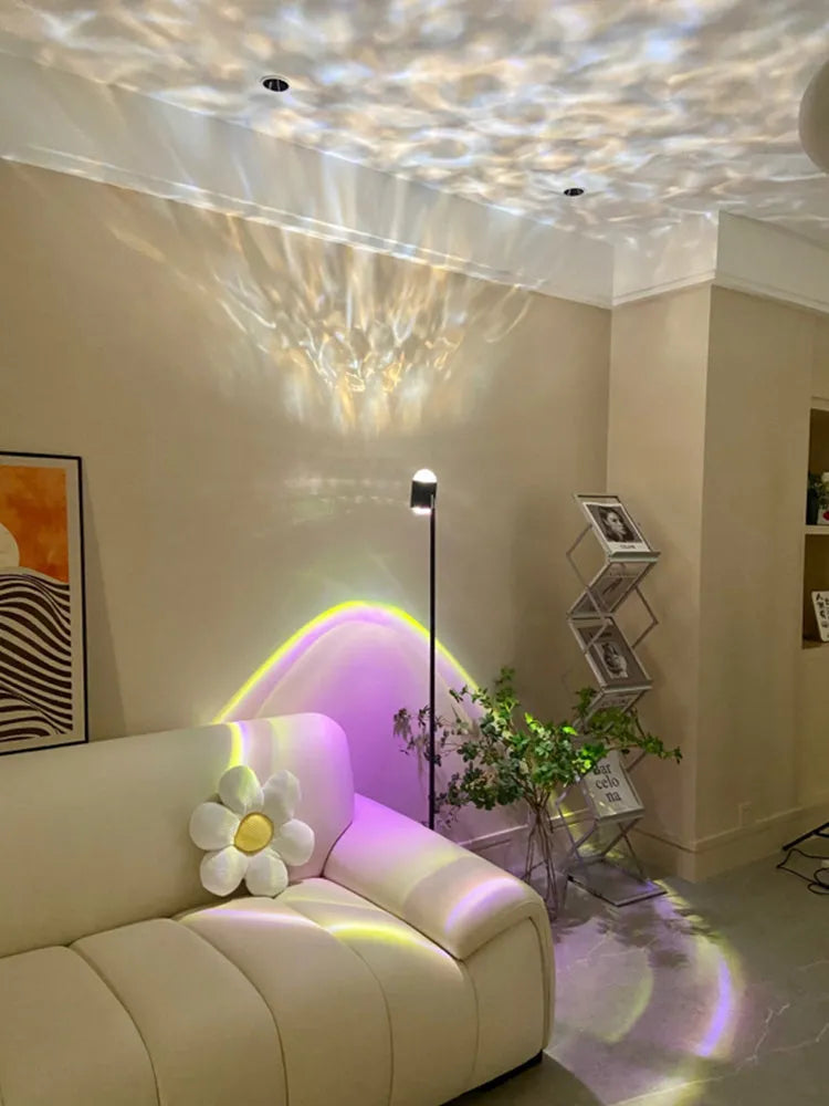 Minimalist modern floor lamp projecting water wave patterns with sunset red or rainbow colour options