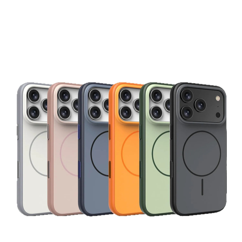 Frosted blue magnetic protective case for iPhone 16 and iPhone 17 models on a table.
