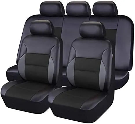 Artificial leather car seat cover set showing front seat, rear bench, and headrest pieces in black.
