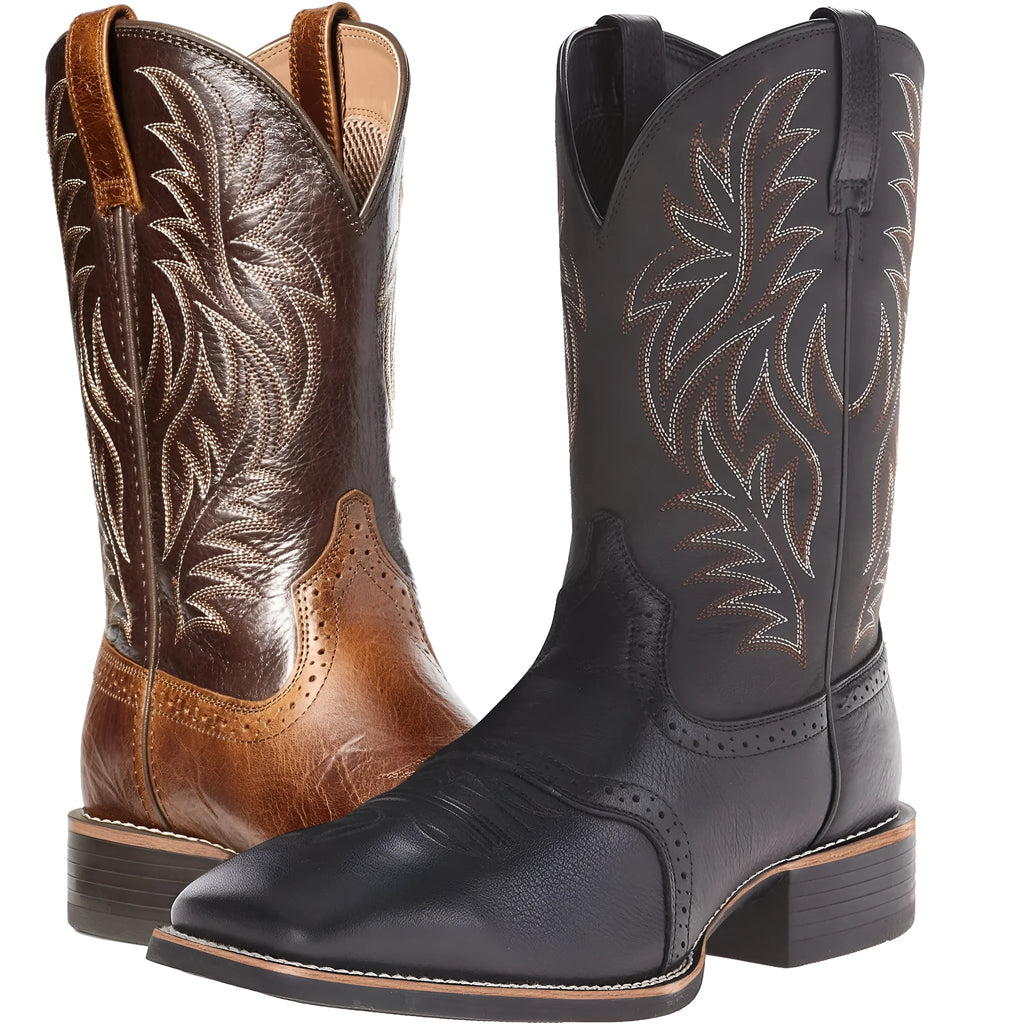 Men's black embroidered Western cowboy boots with wide square toe and low heel.