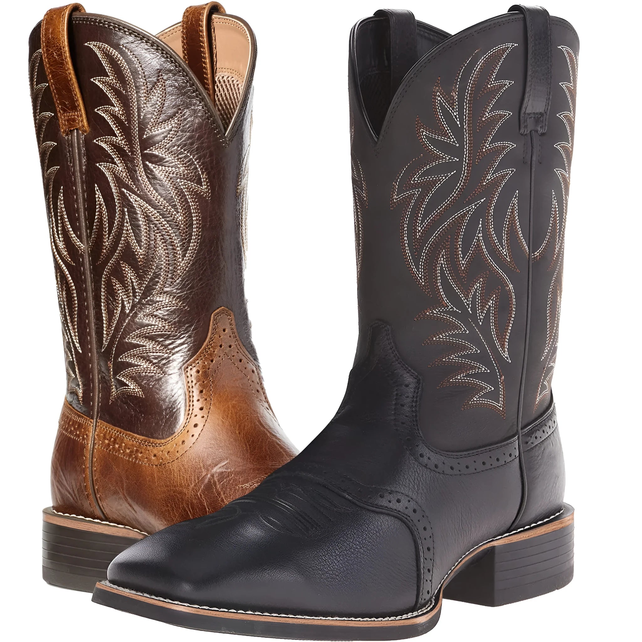 Men's black embroidered Western cowboy boots with wide square toe and low heel.