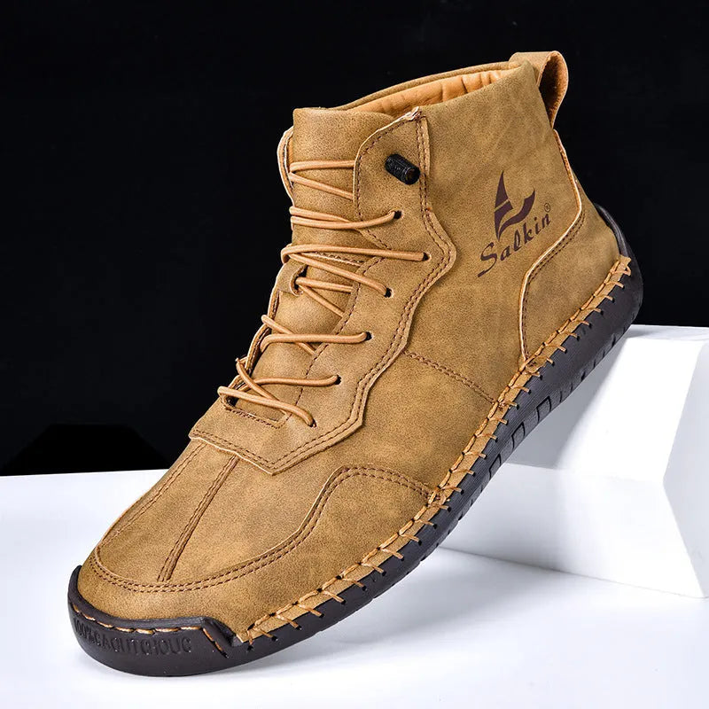 Retro high-top casual leather boots with frosted finish and round toe in beige