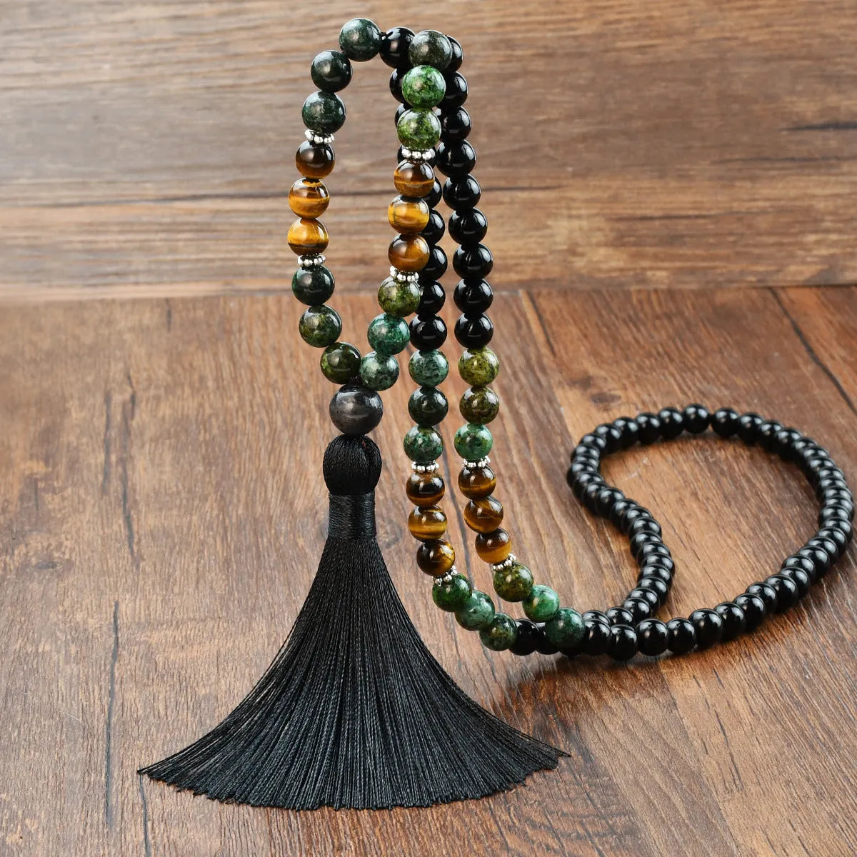 108 natural stone tassel long necklace with mixed gem pendant in boho style, unisex, 81cm plus circumference